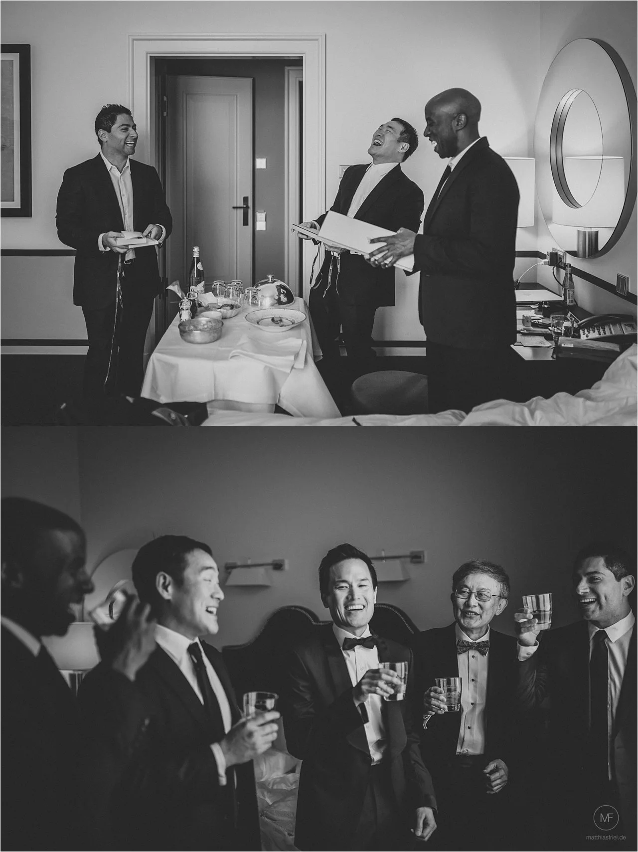 Emotional moment while the groom gets ready at Hotel de Rome