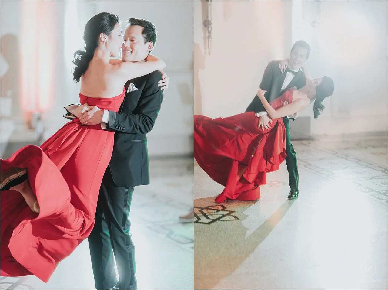 Christine in a red evening gown dancing with Sun at Hotel de Rome